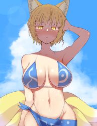 alternate_costume animal_ears bikini blonde_hair breasts collarbone female fox_ears fox_tail highres keta_(psychetangle) large_breasts looking_down multiple_tails navel ran_yakumo sarong short_hair solo sweat swimsuit tail touhou triangle_mouth wide_hips yellow_eyes