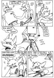 black_and_white canid canine canis clothing comic cybernetics cyborg female fox hi_res humor jackal machine maid_uniform male mammal monochrome robot sex tegerio uniform