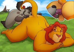 anal anthro backsack balls bent_over close-up disney duo felid female female_rimming_male furry genitals hyaenid lion male male/female mammal nude oral outside pantherine pickles-hyena rimming sex shenzi simba the_lion_king