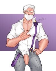 balls bara beard big_pecs drayden facial_hair game_freak gay hairy male male_only muscles muscular nintendo npc_trainer penis penis_out penis_through_fly pokemon riknagel solo solo_male undressing white_hair