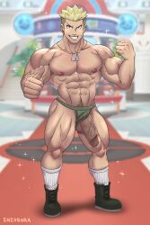 balls bara big_balls big_penis blonde_hair enzobara game_freak gay jockstrap jockstrap_aside lt_surge male male_focus male_only muscles muscular nintendo npc_trainer penis penis_out pokemon solo solo_male