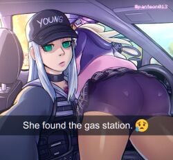 ass ass_focus cap car car_interior chigusa_(fortnite) dialogue english_text female fortnite green_eyes hat he_wants_to_order headgear indoors leelah_(fortnite) meme miniskirt panteon013 phone phone_screen selfie she_wants_to_order shorts skirt skirt_up snapchat tagme taking_picture text upskirt vehicle