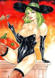 1girls big_breasts curvy_females curvy_figure ed_benes_studio green_hair iago_maia latex_gloves latex_leotard latex_thighhighs long_hair looking_at_viewer original original_character solo_female tagme voluptuous voluptuous_female witch witch_hat