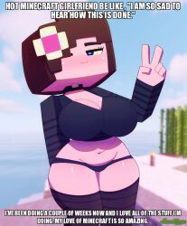 1girls :3 big_breasts blue_eyes breasts brown_hair cleavage clothed clothing edit english_text female flower flower_in_hair heart-shaped_pupils horny_female human_female humanoid impact_(font) jenny_belle_(slipperyt) light-skinned_female light_skin meme minecraft pale-skinned_female pale_skin panties peace_sign sand solo somescrub sugar_cane tagme text thick_thighs torch v watermark