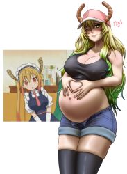 2girls blonde_hair celesseshading cleavage dragon_girl dragon_horns dragon_tail female female_only green_hair huge_breasts long_hair miss_kobayashi's_dragon_maid multicolored_hair pregnant quetzalcoatl_(dragon_maid) wink