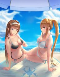 2girls bangs bare_arms beach bikini bikini_pull black_bikini blonde_hair blue_eyes blue_ribbon blunt_bangs breasts brown_eyes brown_hair calca_bessarez cleavage closed_mouth clothes_pull cloud collarbone day female female_only green_eyes hair_intakes hairband halterneck highres kelart_custodio long_hair looking_at_viewer medium_breasts multiple_girls ocean outdoors overlord_(maruyama) ponytail pulled_by_self rausu_(undeadmachine) ribbon shiny shiny_hair side-tie_bikini_bottom smile summer swimsuit very_long_hair white_bikini white_hairband