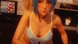 1boy 1boy1girl 1girls 3d animated aqua_(kingdom_hearts) blue_eyes blue_hair blushing cleavage cum cum_drip doggy_style female honey_select jiggle kingdom_hearts male public_sex roseza sex smiling sound straight tagme video