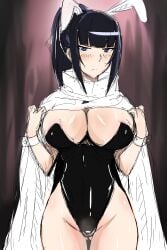 big_breasts black_hair blush bunny_ears bunnysuit emusurii long_hair narberal_gamma overlord_(maruyama) ponytail skimpy tagme