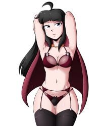 1girls arms_above_head black_hair bra cape death-chan_(konanexe) female_focus female_only garter_straps konanexe lingerie original_character pale-skinned_female thigh_gap thighhighs underwear