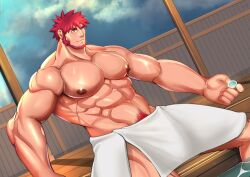 balls bara beard byron_(pokemon) facial_hair game_freak gay male male_only muscles muscular nintendo npc_trainer oirusupu penis pokemon solo solo_male spread_legs towel towel_around_waist