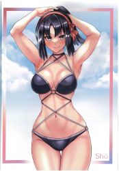 1girls akari_(pokemon) black_hair blue_eyes breasts cleavage large_breasts looking_at_viewer pokemon pokemon_legends:_arceus simple_background solo solo_female stomach swimsuit takecha