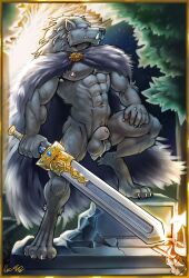 absurd_res animal_genitalia anthro blaidd_(elden_ring) bovid canid canine canis cape caprine clothing digitigrade elden_ring fromsoftware fully_sheathed genitals hi_res male male_only mammal melee_weapon muscular rho_art scar sheath solo sword tagme video_games weapon wolf