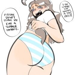 2d 2d_(artwork) ass ass_focus big_ass big_butt blue_eyes butt_crack desperate desperation doodle femboy holding holding_hair large_ass large_butt light-skinned_male light_brown_hair long_hair looking_at_viewer low-angle_view open_mouth otoko_no_ko panties sad shimapan shiny_hair simple_background simple_shading solid_color_background solo solo_femboy speech_bubble standing striped striped_panties striped_underwear stripes tagme text text_bubble upset white_background white_shirt worried worried_expression worried_face worried_look