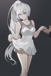 100wang 1girls blue_eyes breasts dress female light-skinned_female looking_at_viewer rwby simple_background smile thighs wangxiii weiss_schnee white_dress white_hair