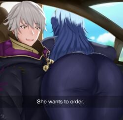 1boy 1girls arcedo ass bent_over blue_hair brown_eyes car english_text fire_emblem fire_emblem_awakening he_wants_to_order large_ass long_hair lucina_(fire_emblem) meme nervous_smile nintendo open_mouth pantyhose robin_(fire_emblem) robin_(fire_emblem)_(male) selfie she_wants_to_order short_hair smile text tiara white_hair