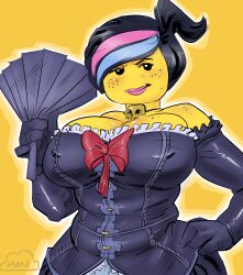 1girls 2d big_breasts bone_marrow_man breasts choker cloudman female female_focus female_only female_solo hand_fan highres lego nipples nipples_bulge short_hair solo solo_female tagme the_lego_movie wyldstyle yellow_skin