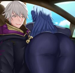 1boy 1girls arcedo ass bent_over blue_hair brown_eyes car fire_emblem fire_emblem_awakening he_wants_to_order large_ass long_hair lucina_(fire_emblem) meme nervous_smile nintendo open_mouth pantyhose robin_(fire_emblem) robin_(fire_emblem)_(male) selfie she_wants_to_order short_hair smile tiara white_hair