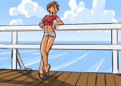 au_(artist) boli-blog brown_hair legs midriff nipple_bulge nipples_visible_through_clothing sea shorts summer tiptoes