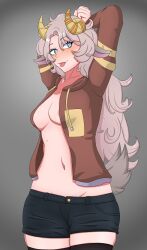 acebini caprine cute female genderbent horn_jewelry horns open_jacket rule_63 sheep sheep_girl silver_hair solo_female tongue_out