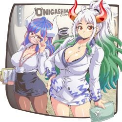 2girls big_breasts blue_hair boobs bra breasts earrings female female_only glasses green_hair hand_on_glass holding holding_object holding_paper horn job leggings lewdamone long_hair looking_at_viewer mask meme necklace office_lady one_piece orange_eyes red_eyes red_horns shounen_jump suit text thighhighs tits ulti_(one_piece) white_hair yamato_(one_piece)