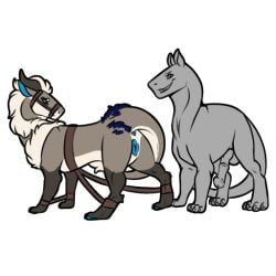 2022 animal_genitalia animal_penis animal_pussy blue_eyes bondage bound canine_pussy equine_penis felkin female feral fur genitals grey_body horn male mane nebula_(wyldwulf) penis pussy restraints symrea telegram_sticker