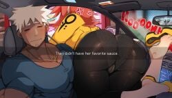 1boy 1girls anger_vein ass blush cameltoe car clark_(lightsource) claudette_(lightsource) closed_eyes english_text female female_focus he_wants_to_order in_car light-skinned_female light_skin lightsource looking_at_viewer male meme orange_hair original panties_under_pantyhose panties_visible_through_clothing selfie she_wants_to_order text thick_ass thick_thighs very_high_resolution white_hair