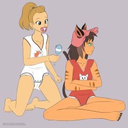 2020s 2021 2girls abdl adora arms_crossed blonde_female blonde_hair blue_eyes blush bonnet brown_hair brown_tail cat_ears cat_tail catgirl catra claws clean_diaper crossed_arms diaper female female_focus female_only grey_background infantilism long_hair looking_away looking_to_the_side normaldeviant onesie pacifier pink_pacifier ponytail rattle she-ra_and_the_princesses_of_power simple_background tail white_diaper