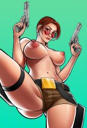 belt busty casual eyewear female female_focus female_only fingerpaints firearm handgun hourglass_figure human lara_croft lara_croft_(classic) legwear looking_over_eyewear looking_over_glasses looking_over_sunglasses pale_skin pinup pinup_pose red-tinted_eyewear sunglasses tagme tinted_eyewear tomb_raider weapon wide_hips