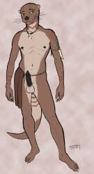 animal_genitalia anthro balls bottomwear clothing digital_media_(artwork) erection genitals hi_res jewelry ket_lesh loincloth looking_at_viewer lutrine male mammal markings mustelid negativetheory nipples penis sheath simple_background smile solo tribal tribal_markings weapon