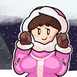 big_breasts bouncing_breasts breast_squeeze breasts female ice_climber jiggle lewdewott mob_face nana_(ice_climber) nintendo parka snow tagme teasing