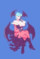 1girls arms_behind_back bat_print big_breasts black_background capcom clothing crom crossed_legs darkstalkers demon_wings dinerforwolves female female_only full_body green_eyes green_hair head_wings heart_shape heel_boots hi_res large_breasts leotard long_hair looking_at_viewer morrigan_aensland narrowed_eyes pale-skinned_female pantyhose pink_pantyhose smiling smiling_at_viewer solo solo_female succubus thick_thighs wings