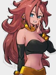 1girls 2022 android_21 android_21_(human) big_breasts black_armwear blue_eyes breasts brown_hair busty cleavage dragon_ball dragon_ball_fighterz dragon_ball_z female gold_earrings gold_jewelry huge_breasts large_breasts midriff navel no_glasses shounen_jump st62svnexilf2p9 tagme