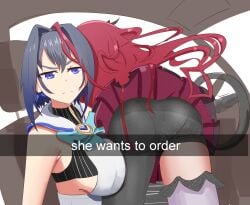 2022 2girls :| angelchama big_breasts car dat_ass females_only he_wants_to_order hololive hololive_english hololive_english_-council- hololive_english_-promise- horns humor irys long_hair meme ordering_food ouro_kronii raised_eyebrow she_wants_to_order short_hair sideboob snapchat thick_thighs virtual_youtuber