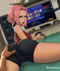 1boy 1boy1girl 1girls angry ass ass_focus ass_grab bike_shorts controller gaming hi_res laying_down laying_on_bed looking_at_viewer looking_back lustysun multiversus naruto naruto_(series) naruto_shippuden on_stomach sakura_haruno surprised tagme