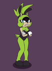 1girls alternate_costume annoyed anthro blue_eyes breasts bunnysuit cleavage clothing crossed_arms ear_piercing female frown green_body green_fur green_hair hair_tie idw_comics idw_publishing lewdthealess long_hair looking_at_viewer mobian_(species) partially_clothed piercing sega shoes solo sonic_(series) sonic_the_hedgehog_(comics) sonic_the_hedgehog_(idw) sonic_the_hedgehog_(series) surge_the_tenrec