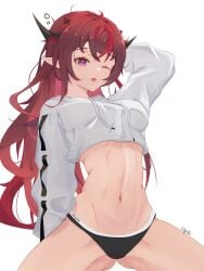 2d 2d_(artwork) abs ass_visible_through_thighs bare_legs bare_midriff bare_thighs belly_button chyraliss crop_top elf_ears hi_res highres hololive hololive_english hololive_english_-promise- horn horns irys irys_(hololive) long_sleeves midriff muscular_female navel panties pointy_ears red_eyes red_hair simple_background thighs toned toned_female tongue tongue_out very_long_hair virtual_youtuber white_background wink