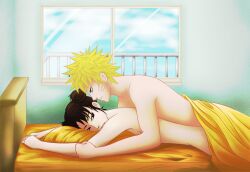 1boy 1girls bed bedroom blue_eyes breasts brown_eyes brown_hair couple double_bun duo duo_focus female foxyx hair_bun happy happy_female head_on_pillow implied_penetration implied_sex indoors long_hair lying lying_on_bed lying_on_person lying_on_stomach male male/female naked naruto naruto_(series) naruto_shippuden on_bed on_stomach pillow prone prone_bone romantic romantic_couple short_hair side_view sideboob smile straight teenage_couple teenager tenten twin_buns under_covers uzumaki_naruto window yellow_hair