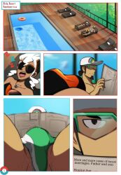 big_bulge bulge burnet_(pokemon) comic english_text female glasses huge_bulge kukui_(pokemon) lilprincyvi melanin outdoors outside pokemon pokemon_sm poolside sleeping sunglasses tinted_eyewear