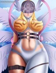 8_wings angel angewomon aramyx big_breasts blonde_hair digimon digimon_(species) female low-angle_view skintight skintight_bodysuit thick_thighs wide_hips wings