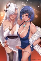 2022 2futas areolae balls big_breasts big_penis blue_hair breasts clothed clothing dress duo erect_nipples_under_clothes erection exlic flaccid fully_clothed futa_only futanari genshin_impact high-angle_view human large_breasts light-skinned_futanari light_skin looking_at_viewer nipples penis shenhe_(genshin_impact) standing tenting thighhighs white_hair yelan_(genshin_impact)