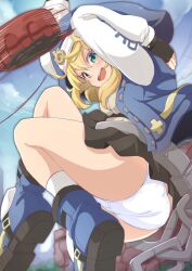 1girls ass blonde_hair blue_eyes blush boots breasts bridget eye_contact female female_only fully_clothed guilty_gear guilty_gear_strive happy hoodie looking_at_viewer panties rule_63 solo solo_focus thick_thighs thighs tomagiri white_panties yo-yo