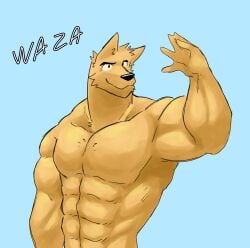 1boy abs anthro bara canid canine canis d3nji furry ice_xhan mammal manly muscular muscular_male nude original pecs text topless wolf