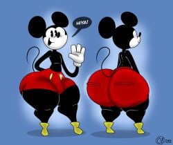 1boy 2022 4_fingers anthro ass ass_focus big_ass big_butt big_ears black_body black_ears black_nose bottomwear breathotter bubble_ass bubble_butt bulge butt butt_focus clothed clothing dialogue disney english_text femboy footwear furry gloves highres huge_ass male male_only mammal mickey_mouse mob_face mouse murid murine open_mouth open_smile red_bottomwear red_clothing red_shorts reference_sheet rodent shoes shorts smile solo text thiccey_mouse thick_thighs thin_tail topless waving white_gloves yellow_footwear yellow_shoes