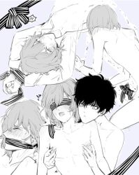 akira_kurusu blindfold crying femboy gag goro_akechi hands_tied male/male male_only nipples persona persona_5 ren_amamiya shaking tie tied_penis yaoi