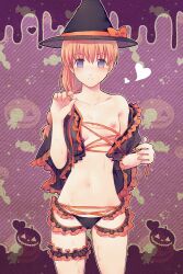 alternate_costume black_panties blue_eyes blush female female_only frills frilly garter ginkamiaki gintama halloween halloween_costume kagura_(gintama) long_hair looking_at_viewer no_bra off_shoulder open_clothes open_shirt orange_hair panties see-through_clothing small_breasts smile solo sweat tied_hair undressing wet_skin witch_hat