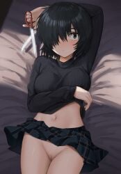 absurdres arm_over_head bed black_hair black_sweater blush bottomless breasts censored female green_eyes hair_over_one_eye highres large_breasts long_sleeves looking_to_the_side lying midriff mosaic_censoring navel nazo_no_kanojo_x no_panties on_back pleated_skirt pussy scissors shengtian short_hair skirt solo sweater urabe_mikoto
