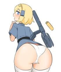 ass big_ass blonde_hair blue_eyes blushing cute daebom from_behind from_behind_position gun light-skinned_female light_skin looking_back open_mouth panties short_hair strv_103 thighhighs war_thunder white_background white_panties