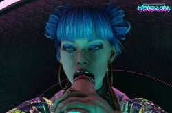 artist_signature black_lipstick blender blowjob blue_hair blue_makeup cd_projekt_red cheri_nowlin cyberpunk cyberpunk_2077 hi_res holding_penis masterbeta partial_male