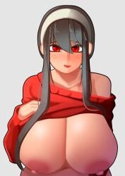 1girls areolae big_breasts black_hair blush breasts eye_contact female female_only front_view hairband huge_breasts lips long_sleeves looking_at_viewer mature_female mochi_dab nipples red_eyes seductive solo solo_female spy_x_family upper_body yor_briar