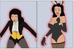 big_breasts black_hair blue_eyes bowtie bunny_ears bunnysuit dc deadman_(character) elbow_gloves fishnet_stockings fishnets gloves lipstick magic possession red_lipstick suit tagme tuxedo waistcoat zatanna